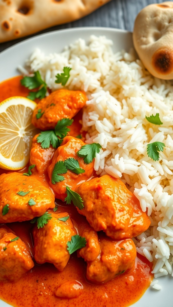 A plate of butter chicken with rice and naan, garnished with cilantro and lemon.